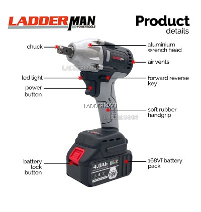 168VF LDM-1305-1LI 520Nm 4.0Ah Brushless Cordless Impact Wrench 1/2 Drive Ratchet with Battery